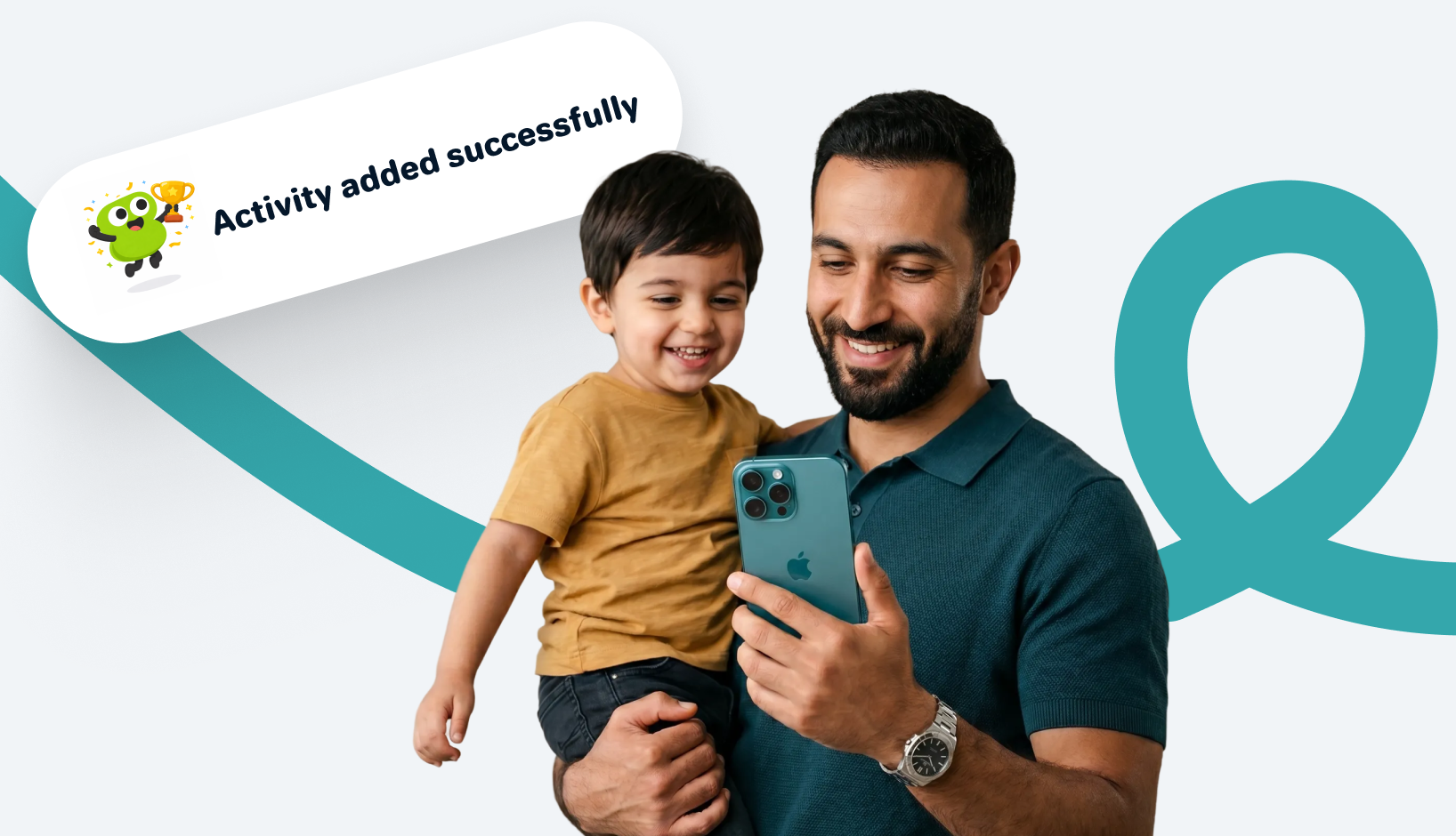 Father with son using Banoon parenting app with activity notifications