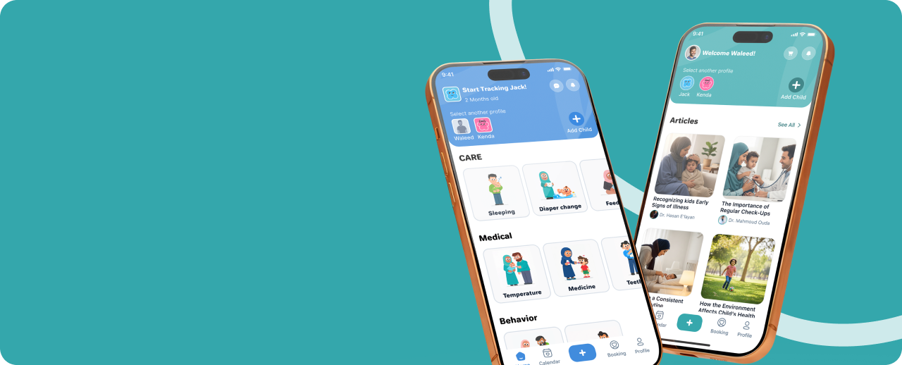 Two phones showing Banoon home and articles screens — call to download the parenting app