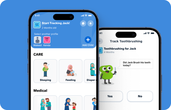 Banoon daily tracking screens — log sleep, feeding, diapers, temperature, and medicine