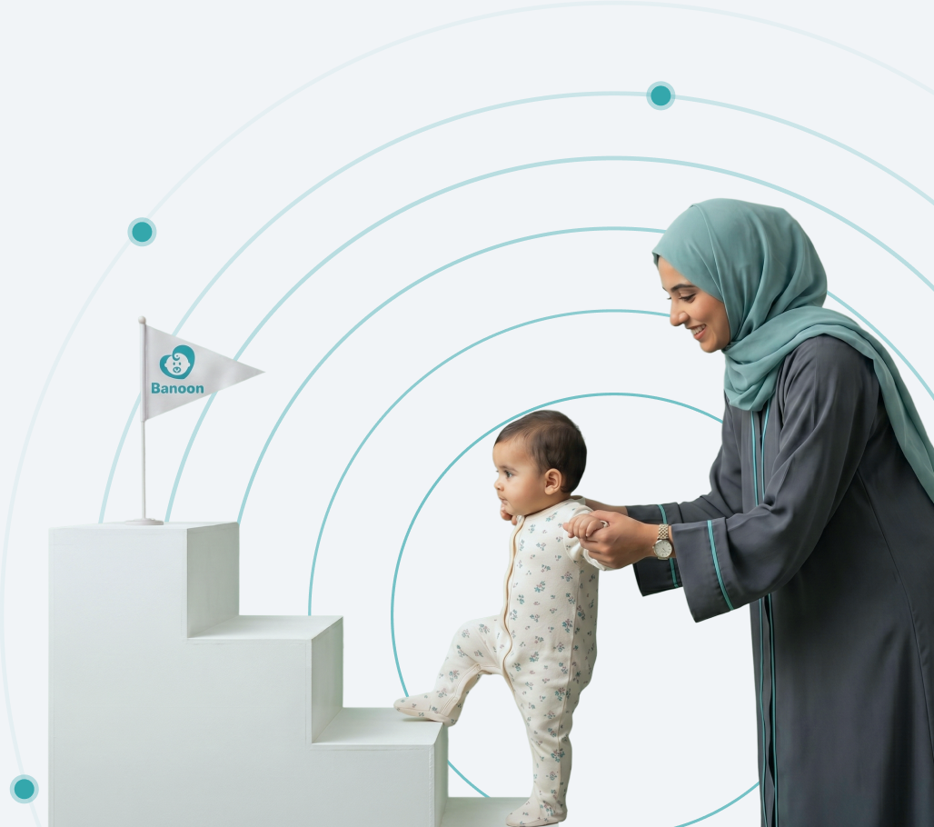 Mother helping baby climb stairs to reach the Banoon milestone flag — milestone tracking visual