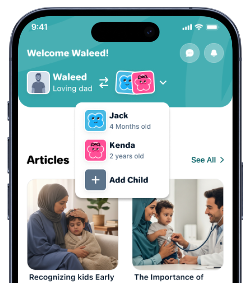 Banoon app screen showing multiple children profiles — Waleed, Jack, and Kenda